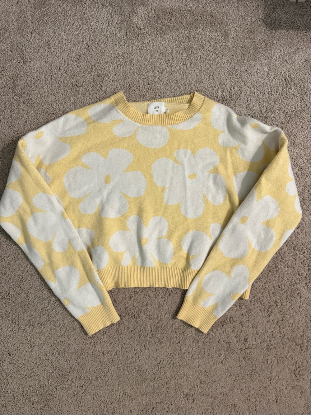 Luna Ivy Floral Knit Cropped Sweater - Yellow & White